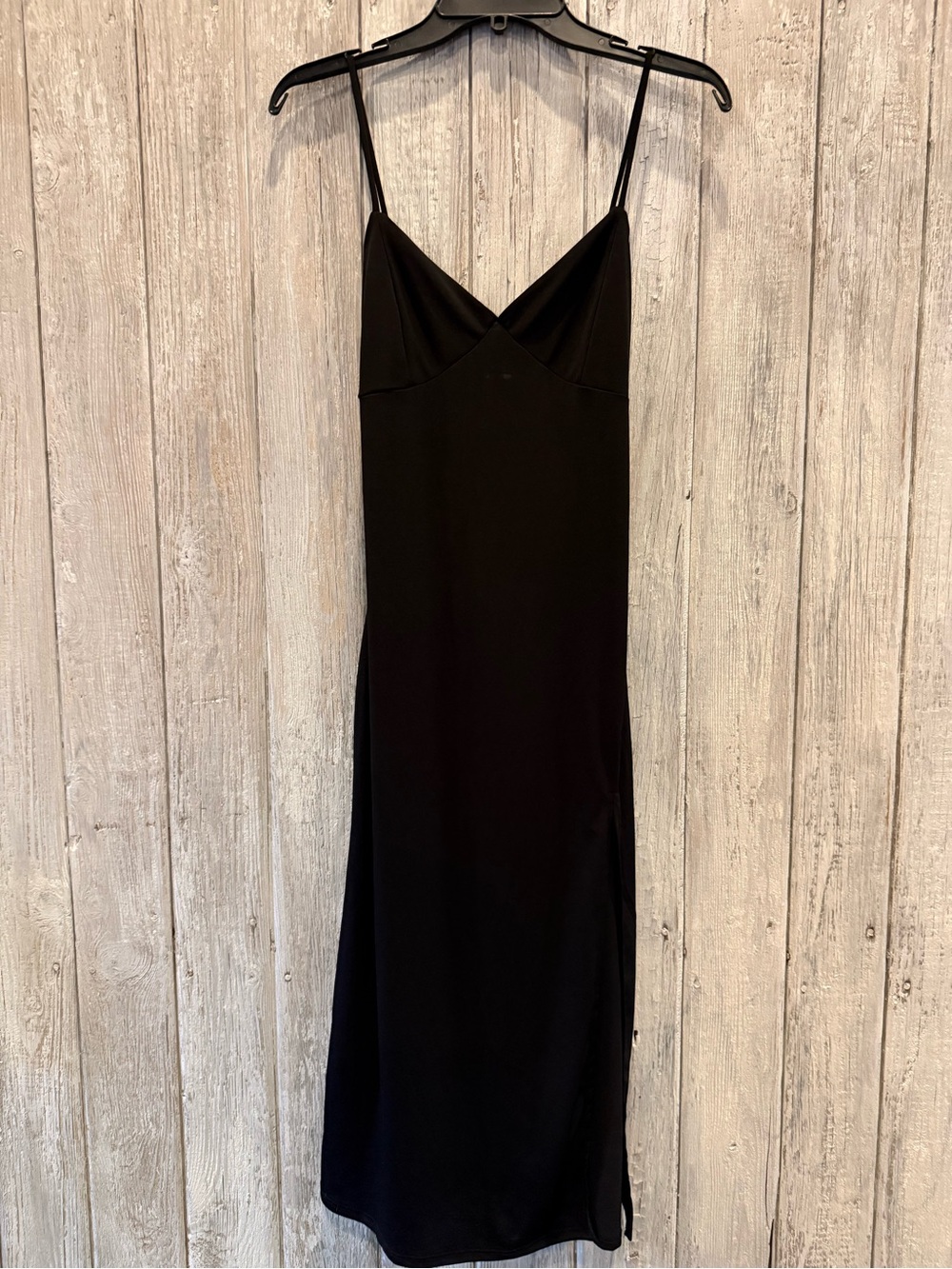Timing Black Slip Midi Dress with Spaghetti Straps